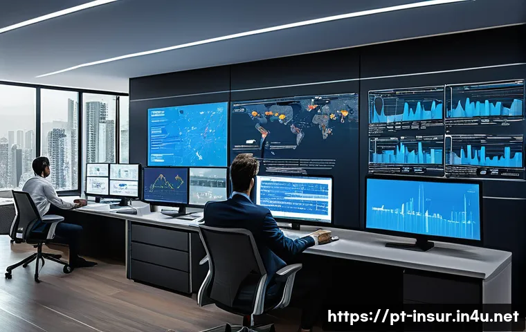 보험계리사와 보험 리스크 분류 - A detailed illustration of a modern actuary office in Brazil, featuring professionals analyzing larg...