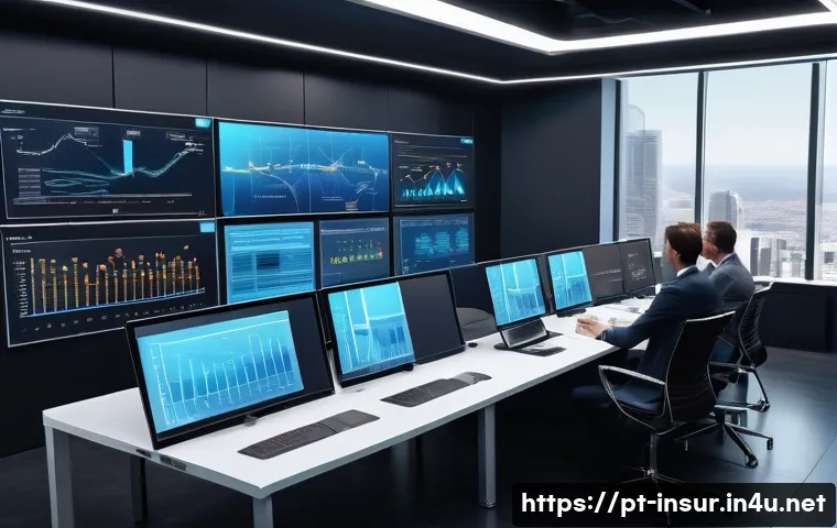 보험계리사와 보험 통계학 - A modern insurance analyst office scene showing a diverse team of professionals working with multipl...