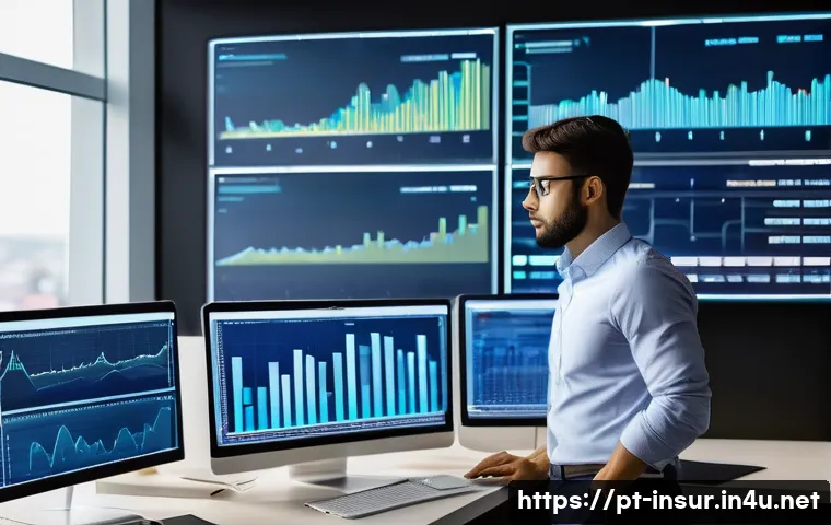 보험계리사와 실습 케이스 분석 - A professional actuary in a modern Brazilian insurance office, analyzing complex data on multiple co...