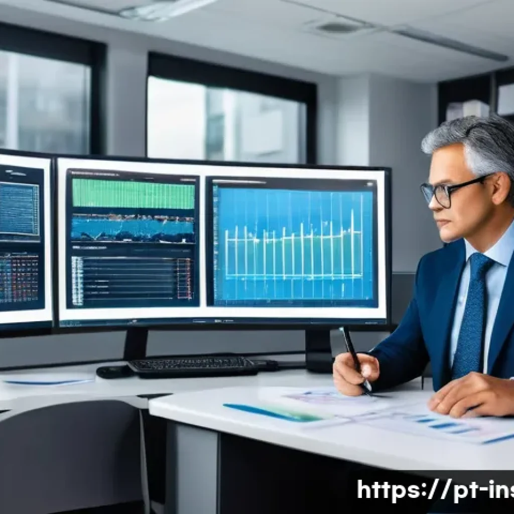 보험계리사와 보험료 민감도 분석 - A professional actuary in a modern office setting, surrounded by multiple computer screens displayin...