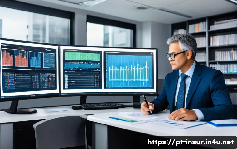 보험계리사와 보험료 민감도 분석 - A professional actuary in a modern office setting, surrounded by multiple computer screens displayin...