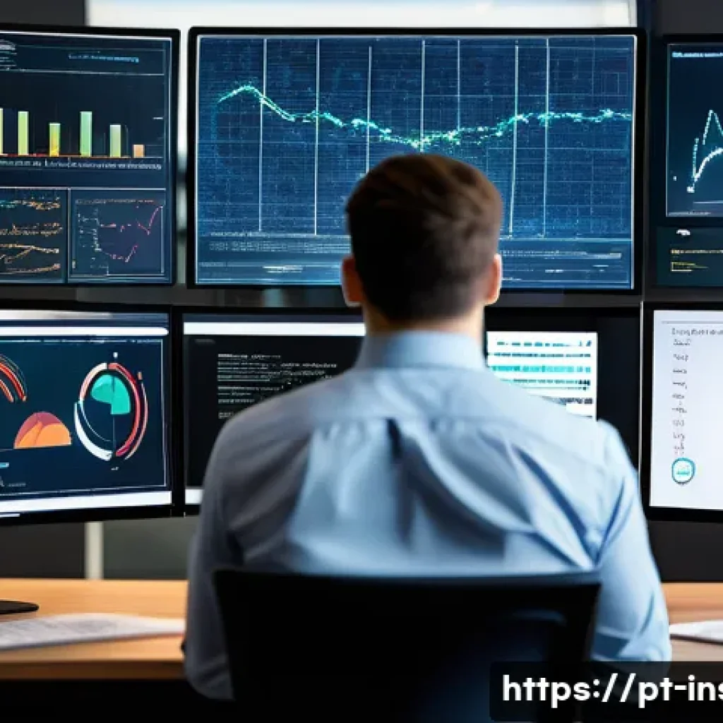 보험계리사와 직무 변화 대응 - A modern actuary in a bright, contemporary office environment, working on multiple computer screens ...