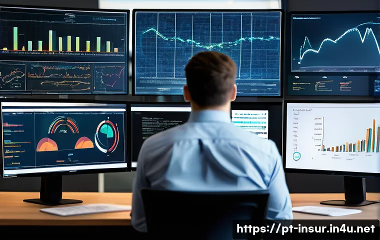 보험계리사와 직무 변화 대응 - A modern actuary in a bright, contemporary office environment, working on multiple computer screens ...