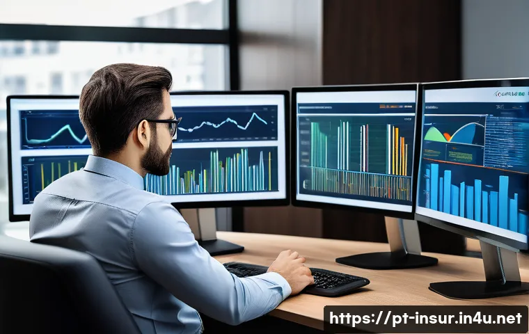 보험계리사와 보험 지급률 분석 - A professional actuary in a modern office setting analyzing complex statistical models on multiple c...