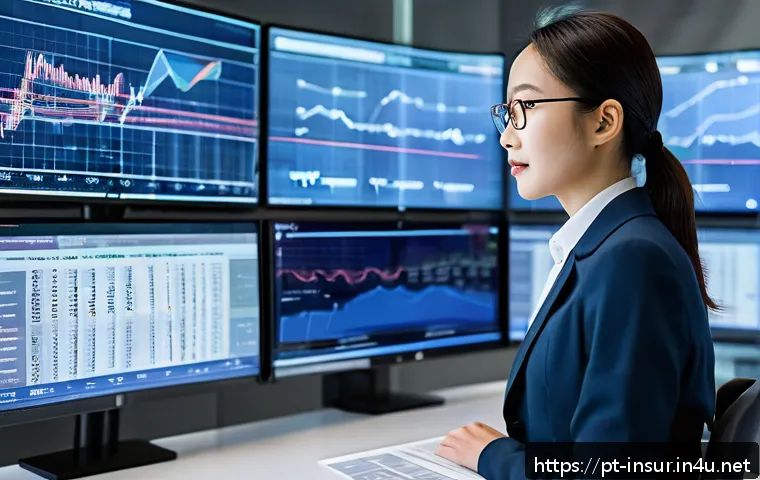 보험계리사와 비즈니스 모델 혁신 - A modern financial analyst workspace in Seoul, South Korea, featuring a sleek desk with multiple hig...