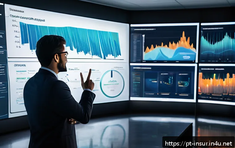보험계리사와 데이터 시각화 - A modern insurance actuary office scene featuring diverse professionals analyzing interactive dashbo...
