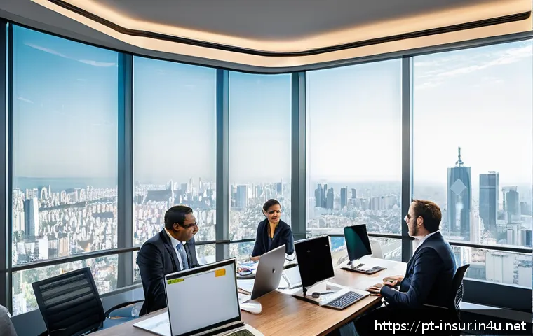 보험계리사와 단체보험 설계 - A modern insurance office setting in São Paulo, Brazil, featuring a diverse group of professional in...