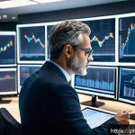 Home 22 보험계리사와 보장 범위 설계 - A professional actuary in a modern office setting, surrounded by multiple large computer screens dis...