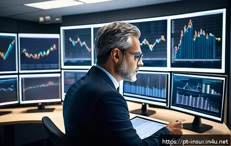 보험계리사와 보장 범위 설계 - A professional actuary in a modern office setting, surrounded by multiple large computer screens dis...