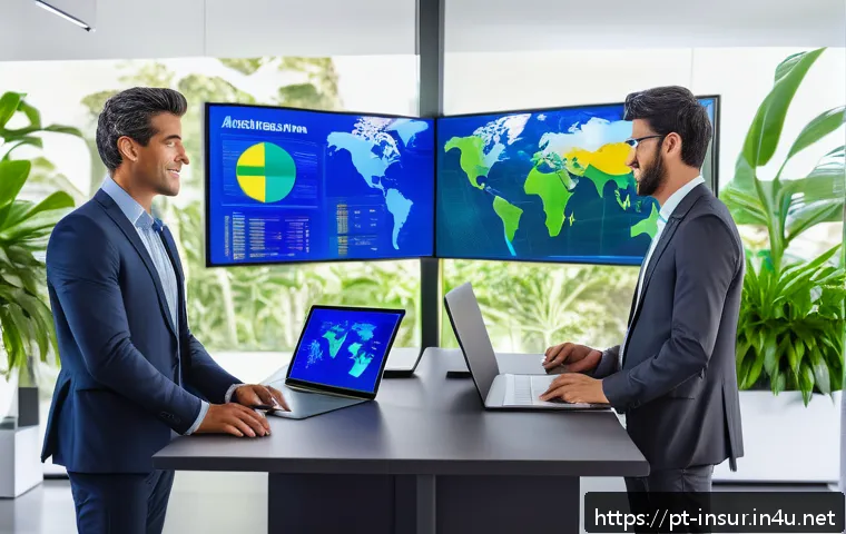 보험계리사와 고객 분류 전략 - A modern insurance data analytics office scene showing diverse actuaries collaborating around large ...