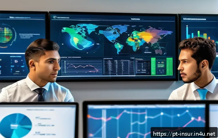 보험계리사와 리스크 제어 사례 - A modern insurance office scene in Brazil featuring diverse actuaries and data scientists analyzing ...