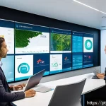 Home 23 보험계리사와 보험 리스크 조정 - A modern insurance office setting showcasing professionals collaborating around large digital screen...