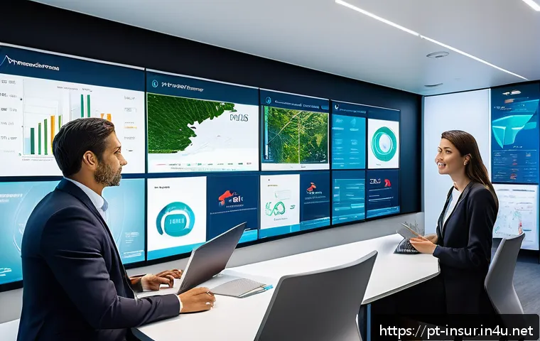 보험계리사와 보험 리스크 조정 - A modern insurance office setting showcasing professionals collaborating around large digital screen...